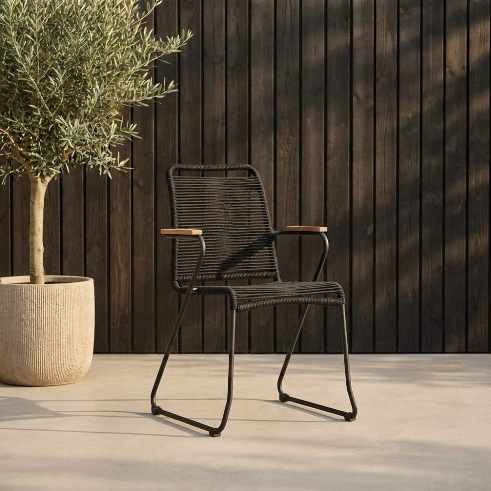 Cortona Grey/Gladys zwart dining tuinset | 6 personen | polywood + touw | 220cm