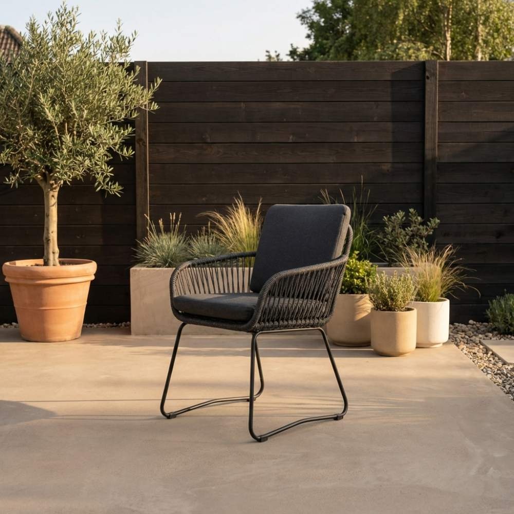 Harper dining tuinstoel set van 8 | touw + rvs | Lava Grey