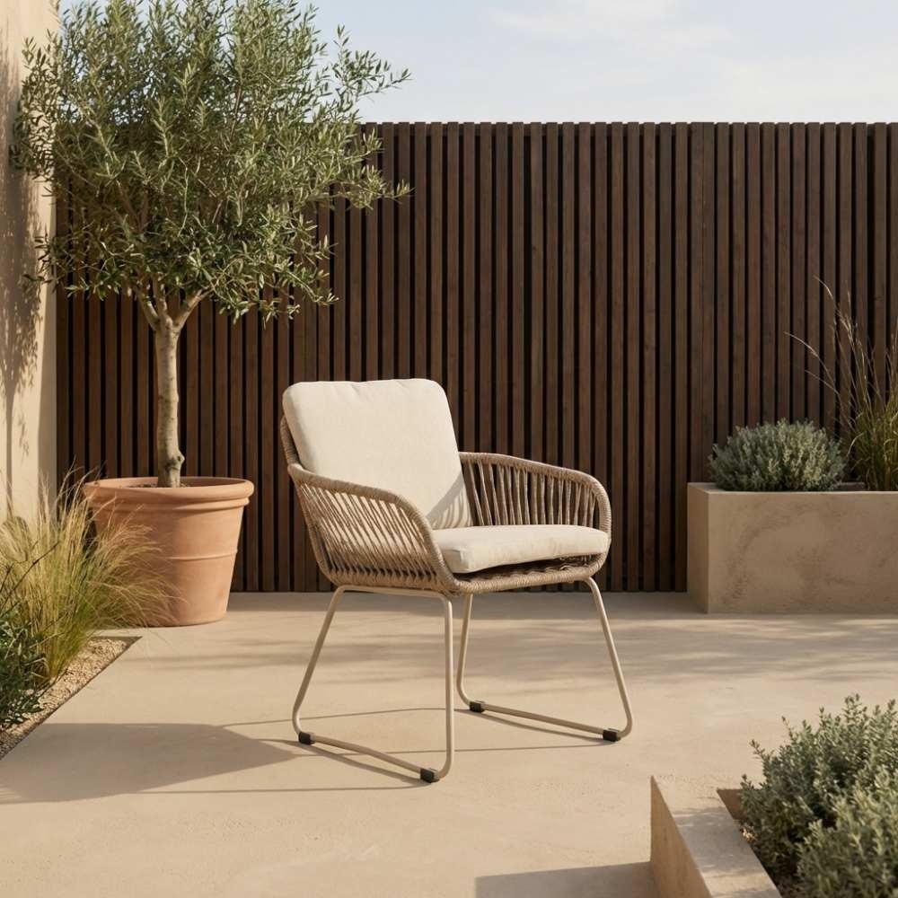 Max/Harper Sandstone dining tuinset | 4 personen | travertin + touw | 200cm ovaal