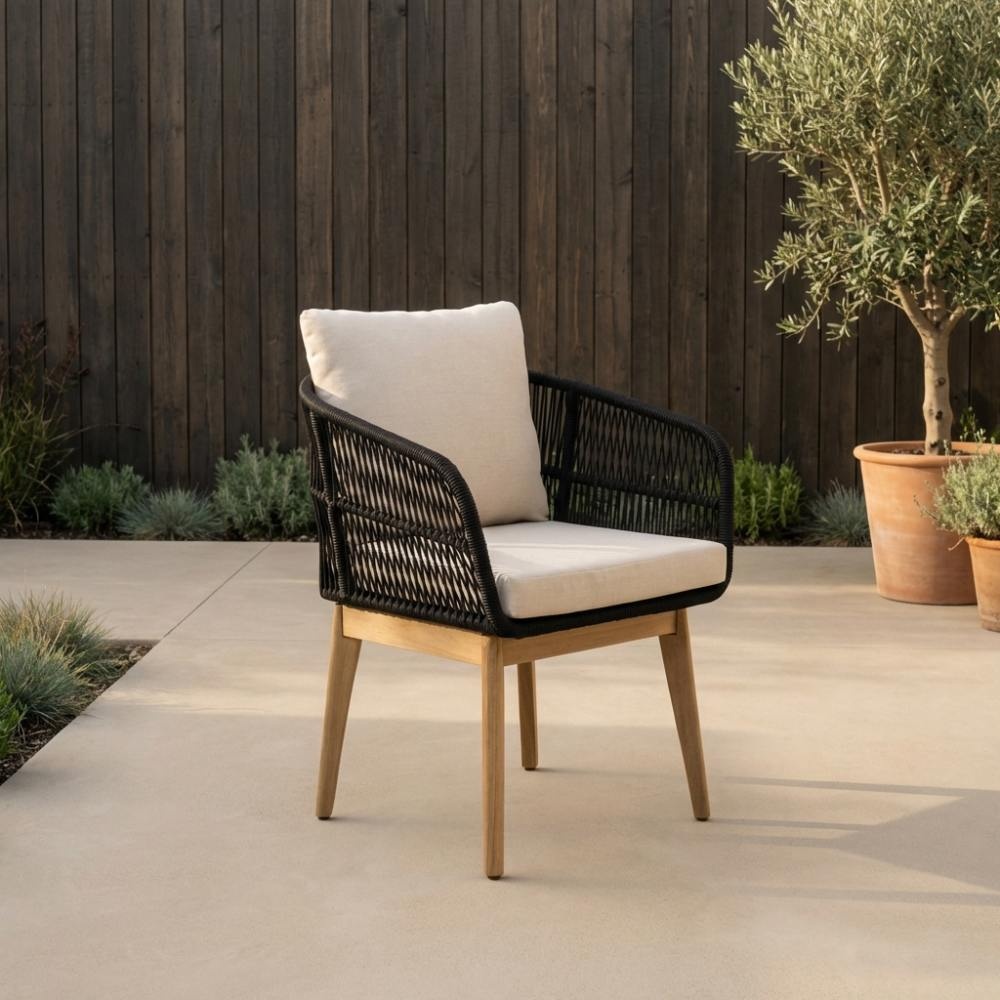 Rochefort dining tuinstoel | touw + hardhout | zwart