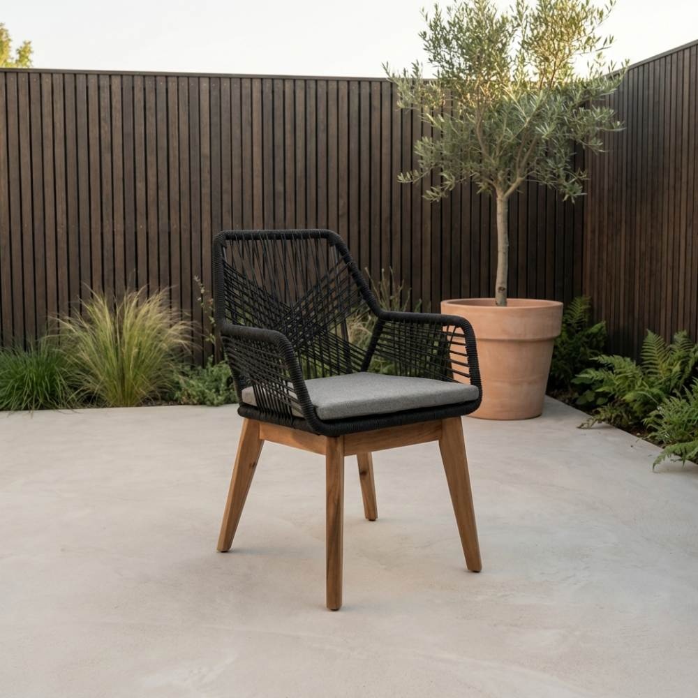 Lausanne/Seville hout zwart dining tuinset | 6 personen | betonlook + touw | 250cm