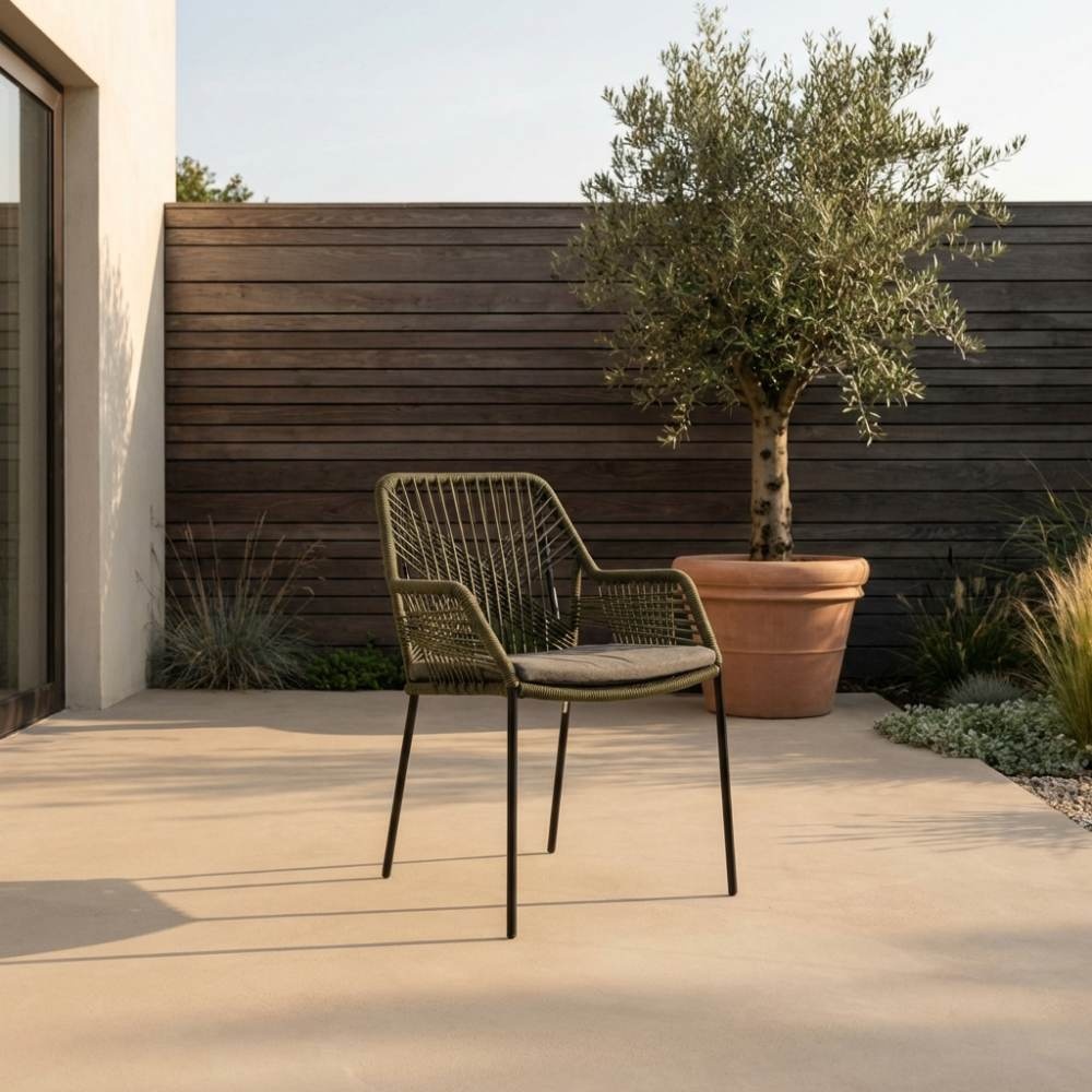 Seville dining tuinstoel stapelbaar | touw + staal | olijfgroen