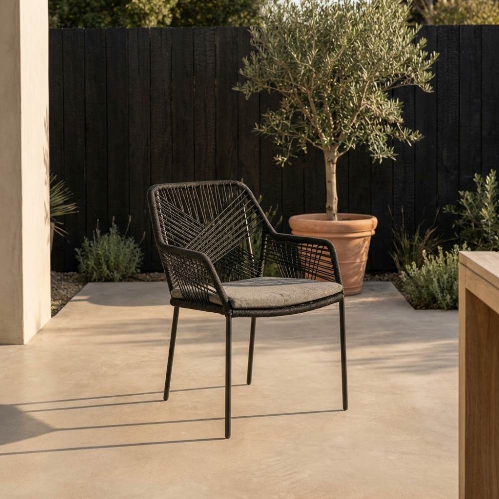 Seville dining tuinstoel set van 8 | touw + staal | zwart