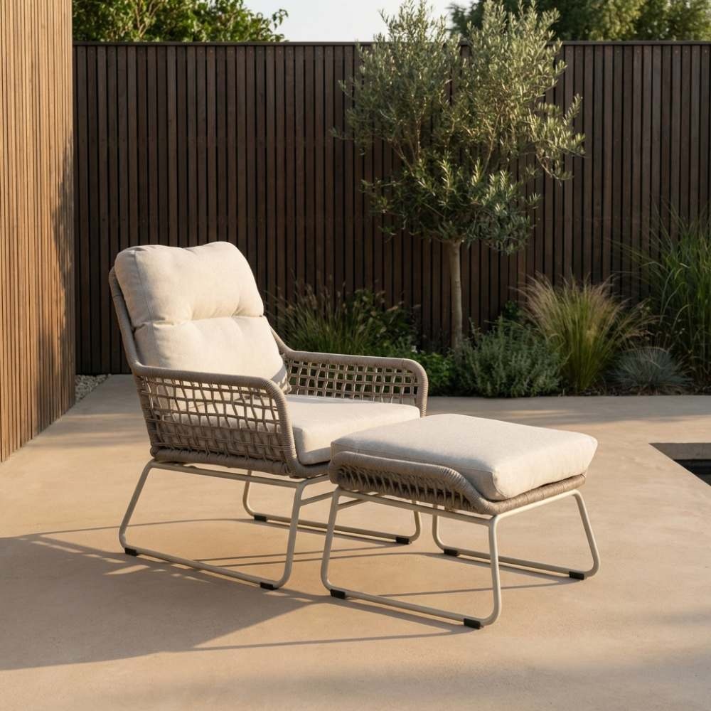 Valencia loungestoel incl. voetenbank | touw + aluminium | Almond Beige