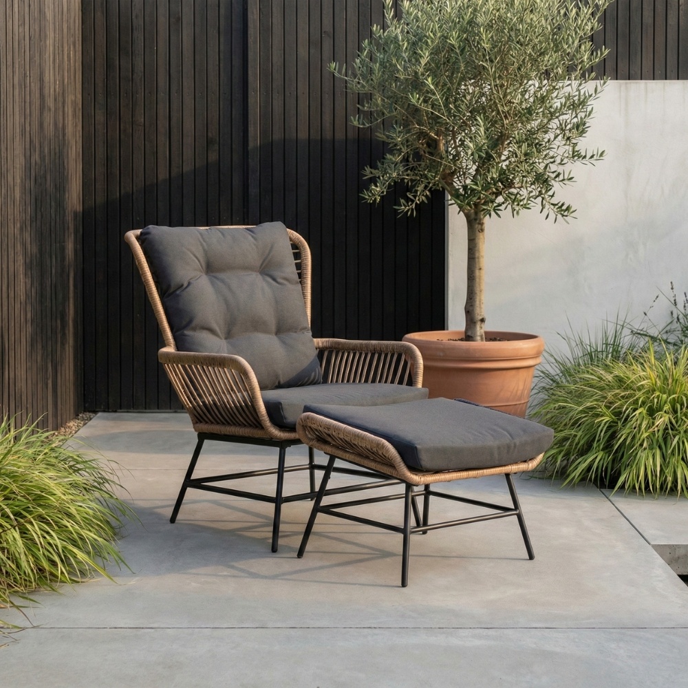 Dex loungestoel tuin met voetenbank | wicker + aluminium | Bamboo antraciet