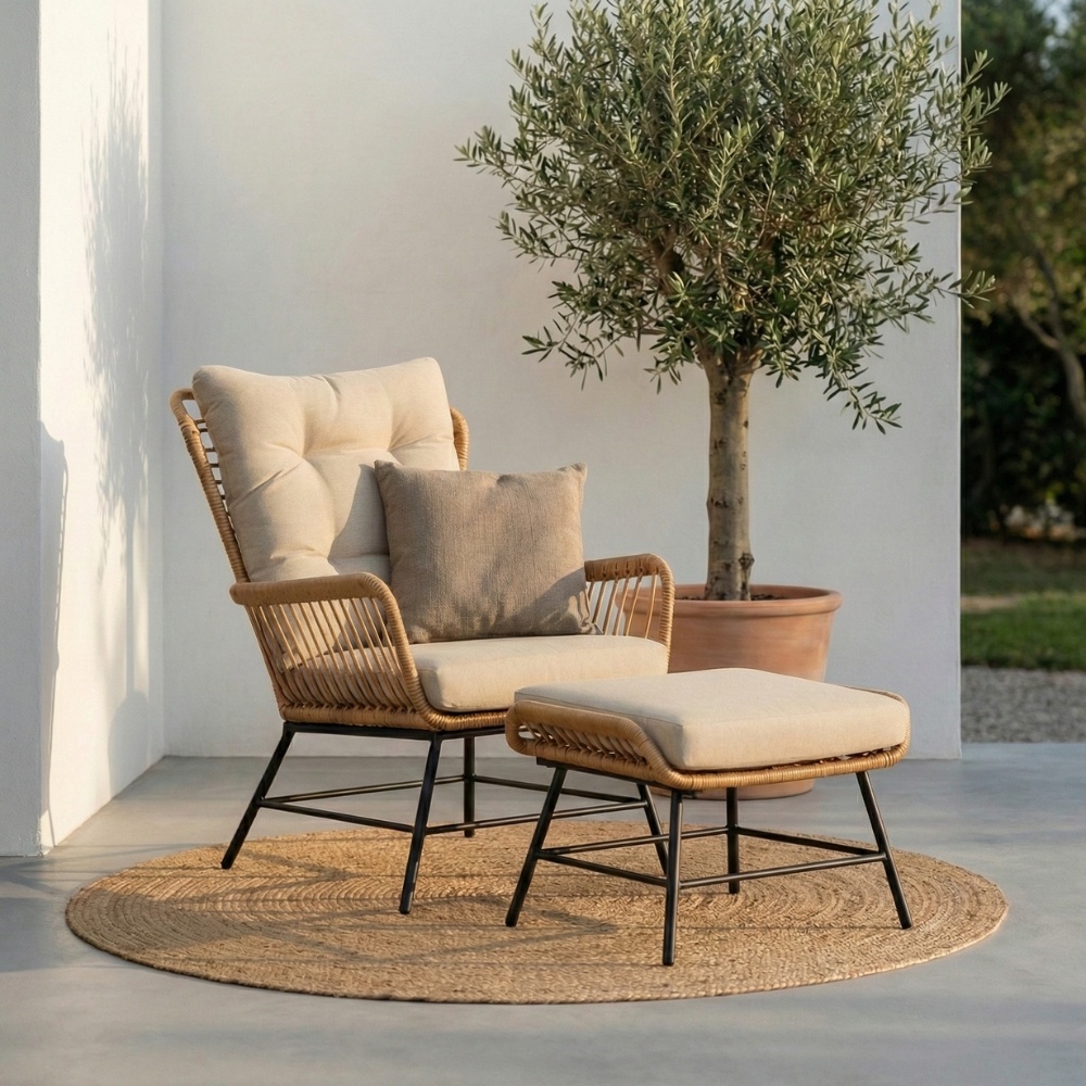 Dex loungestoel tuin met voetenbank | wicker + aluminium | Bamboo taupe