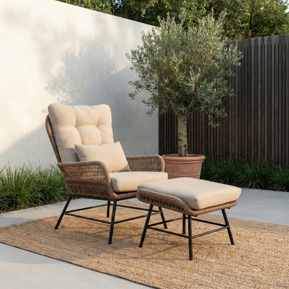 Dex loungestoel tuin met voetenbank | touw + aluminium | Sahara Dust