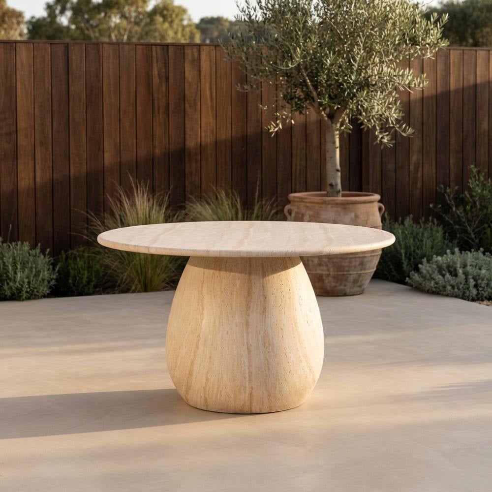 Joep/Harper Sandstone dining tuinset | 4 personen | travertin + touw | 135cm rond