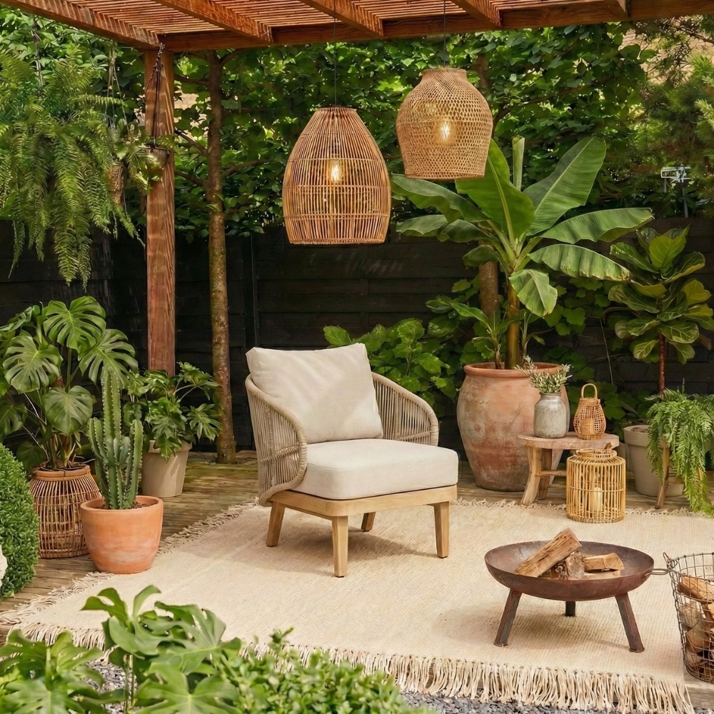 Matera loungestoel tuin | hardhout + touw | zand