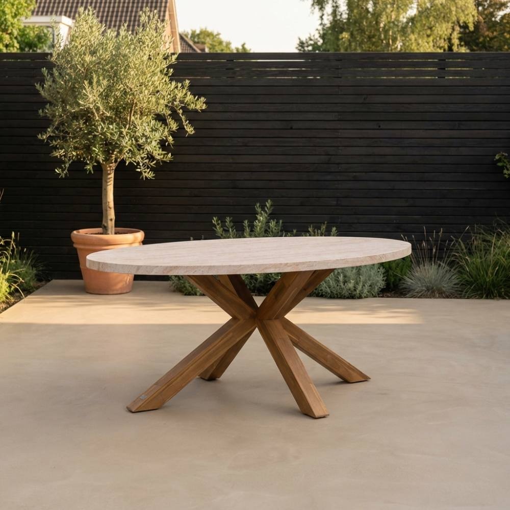 Lorento dining tuintafel 4 personen | polystone + hardhout | travertinlook | 200cm ovaal