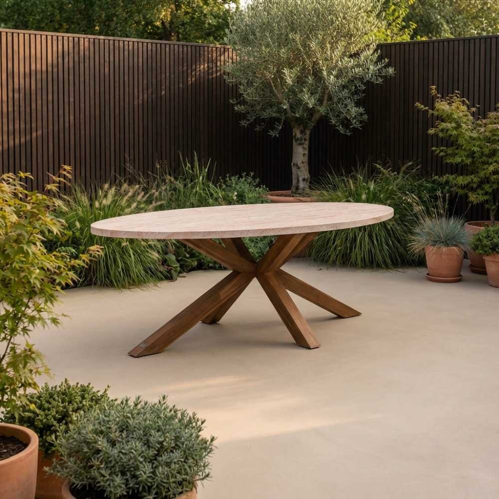 Lorento dining tuintafel 6 personen | polystone + hardhout | travertinlook | 240cm ovaal