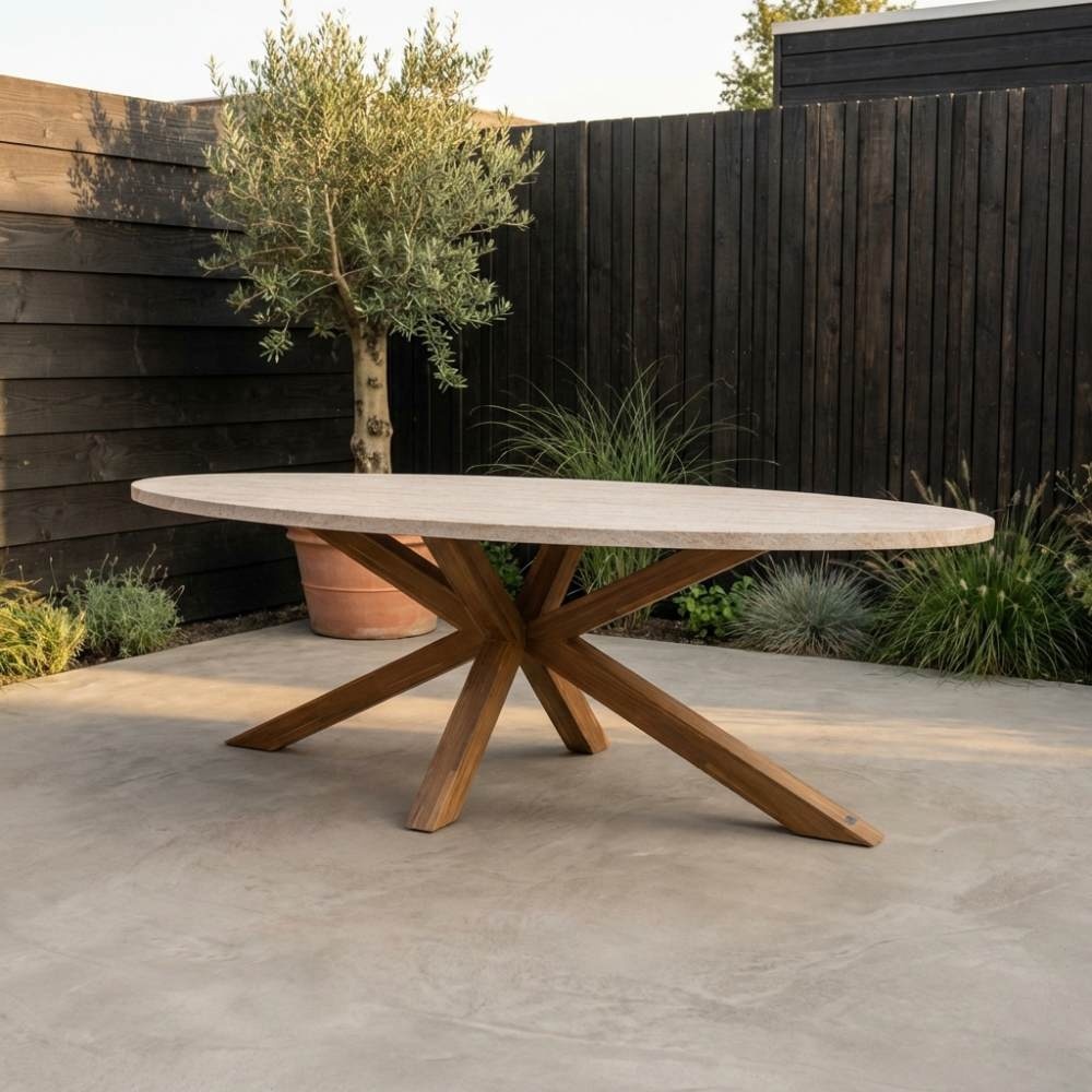 Lorento dining tuintafel 8 personen | polystone + hardhout | travertinlook | 280cm ovaal