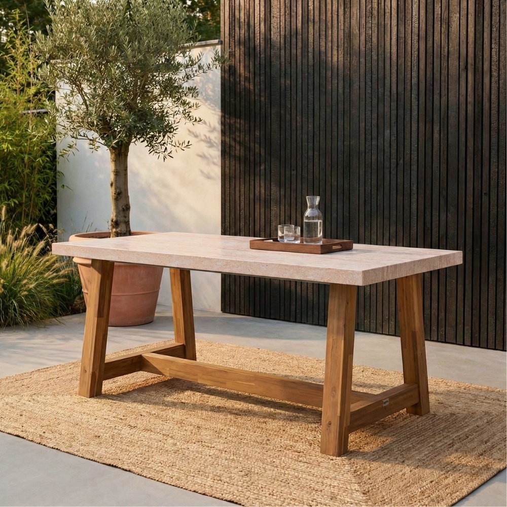 Velora dining tuintafel 4 personen | polystone + hardhout | travertinlook | 200cm