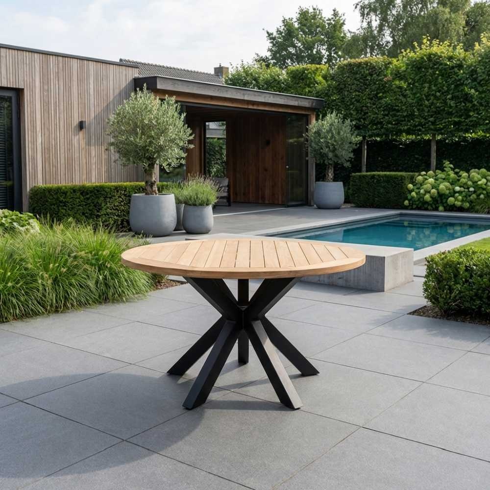 Cleve dining tuintafel 6 personen | teakhout + aluminium | Natural Teak/antraciet | Ø140cm rond