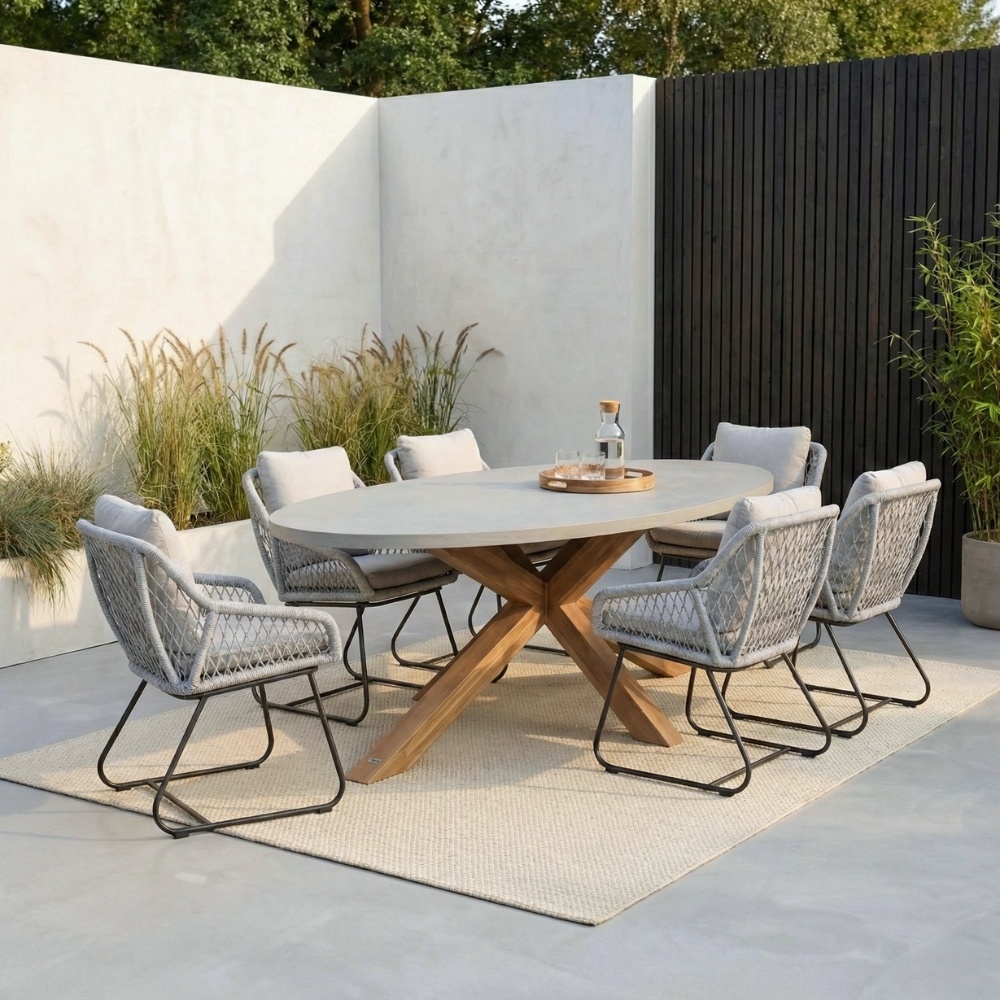 Livorno/Portofino grijs dining tuinset | 6 personen | betonlook + touw | 240cm ovaal