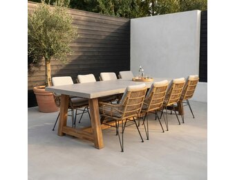 Veltis/Carlos taupe dining tuinset | 8 personen | betonlook + wicker | 300cm