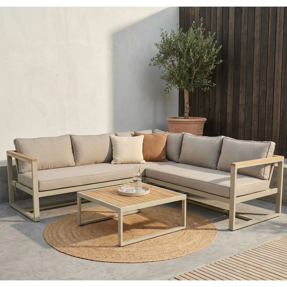 Milton hoek loungeset beige 5 personen | hardhout + staal | beige | 3-delig - 215x215cm