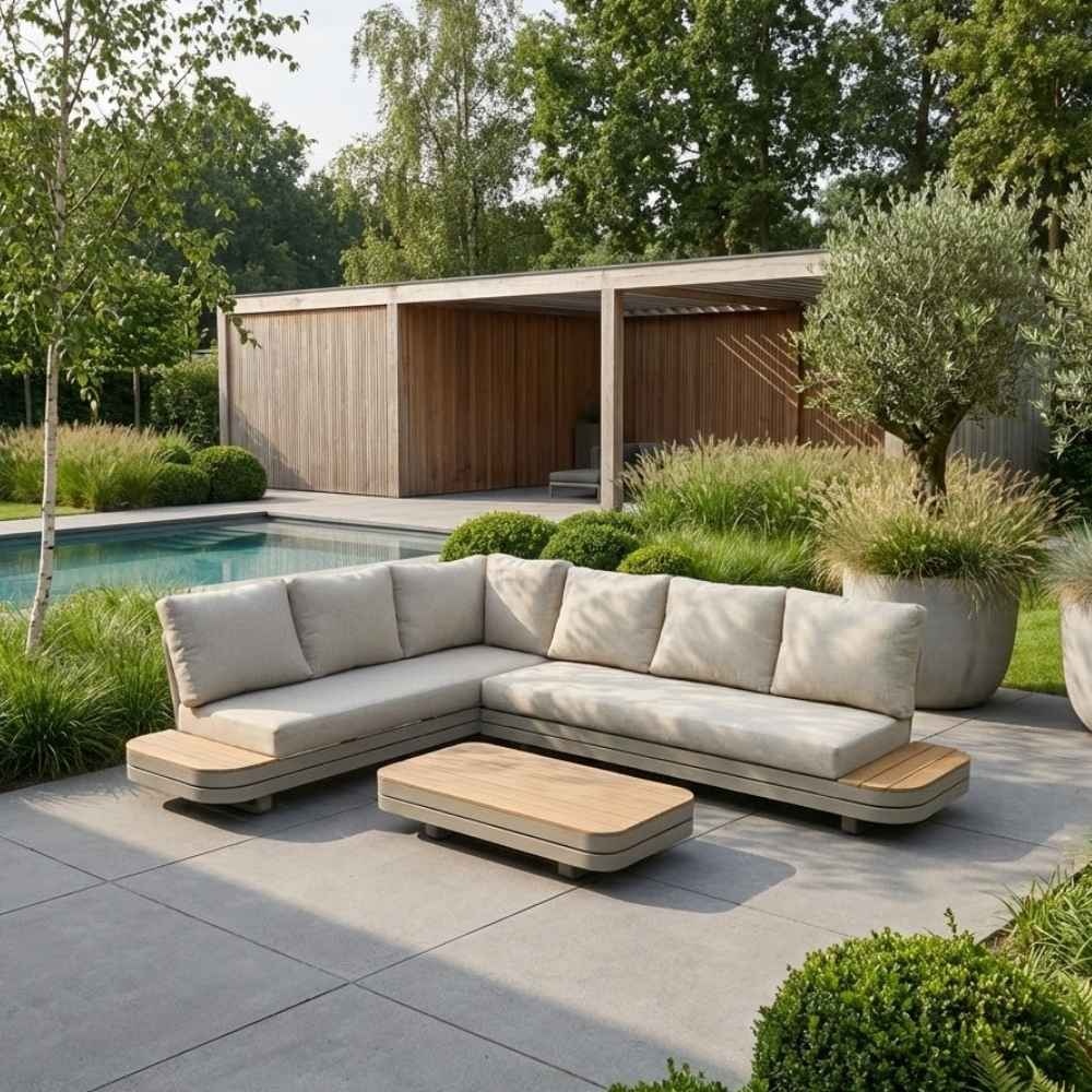 Serrento hoek loungeset links 6 personen incl. tafel | aluminium + polywood | beige |  4-delig