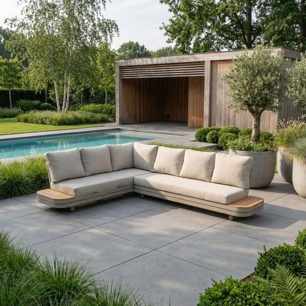 Serrento hoek loungeset links 6 personen | aluminium + polywood | beige |  2-delig - 241x226cm