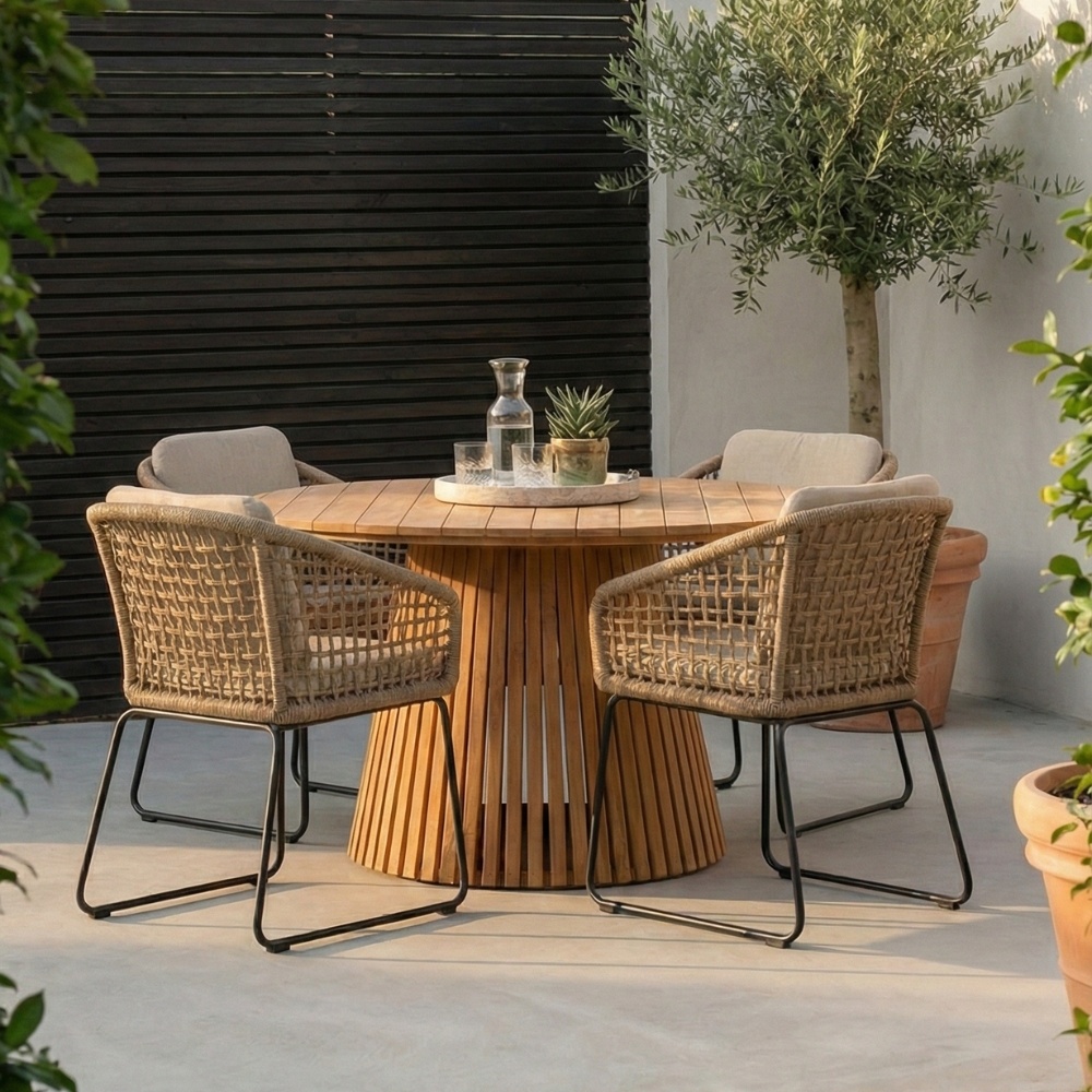 Palau/Tulum Sahara Dust dining tuinset | 4 personen | teakhout + touw | 120cm rond