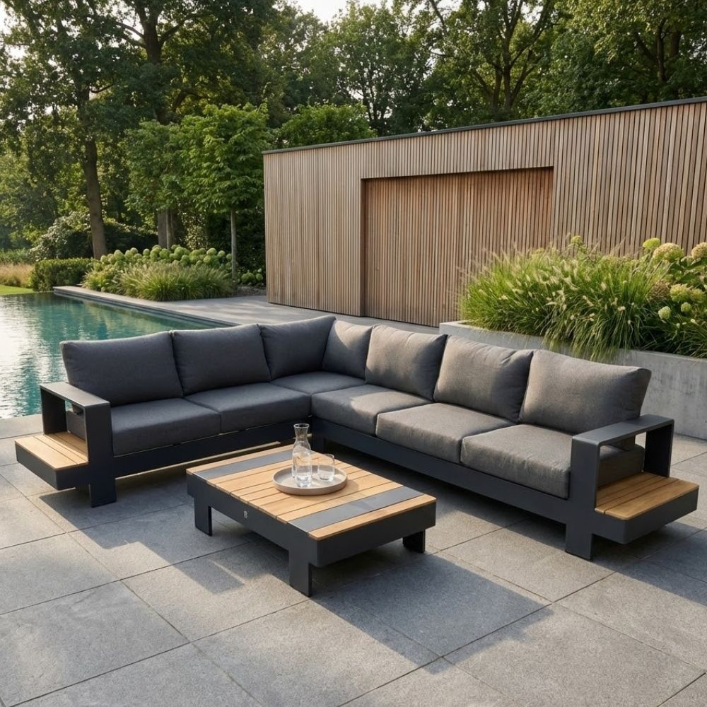 Riviera hoek loungeset 6 personen | aluminium + teak | antraciet | 3-delig - 327x252cm
