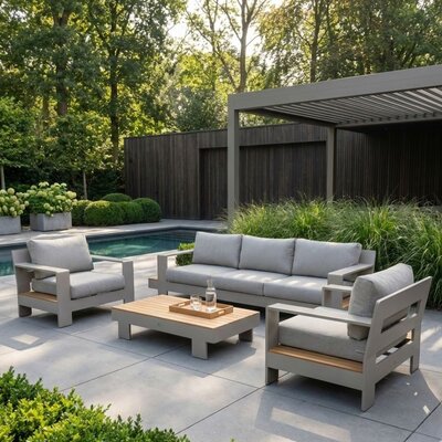 Riviera stoel-bank loungeset 5 personen | aluminium + teak | beige | 4-delig