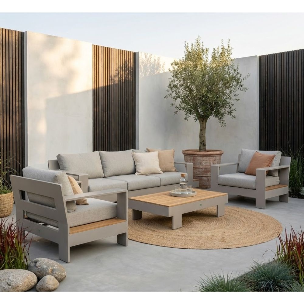 LUX outdoor living Riviera stoel-bank loungeset 5 personen | aluminium + teak | beige | 4-delig