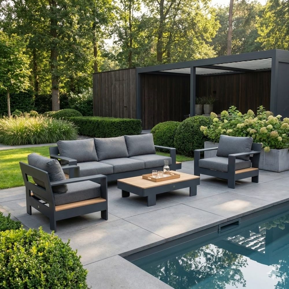 Riviera stoel-bank loungeset 5 personen | aluminium + teak | antraciet | 4-delig afbeelding