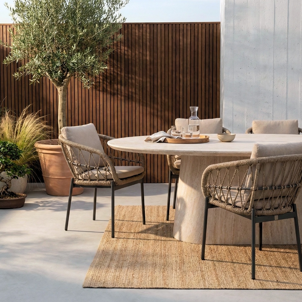 Max/Dakota beige/antraciet dining tuinset | 6 personen | travertin + touw | 240cm ovaal