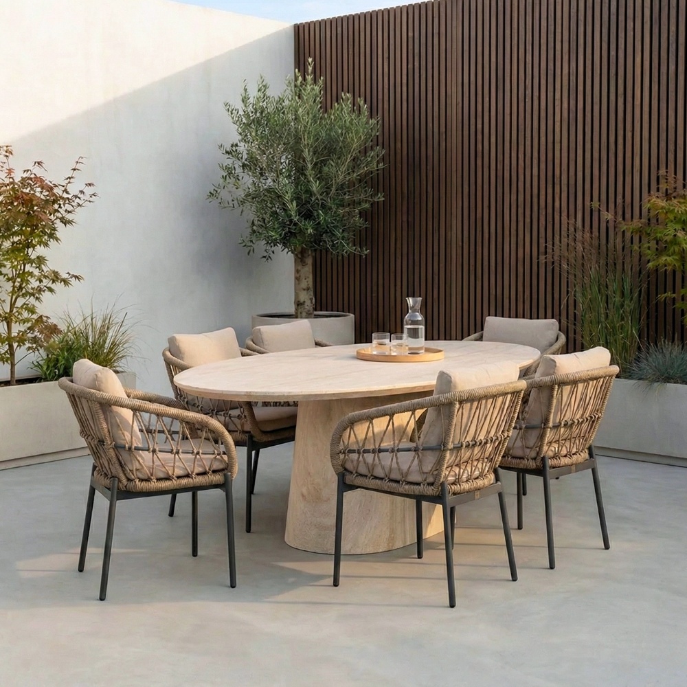 Max/Dakota beige/antraciet dining tuinset | 6 personen | travertin + touw | 240cm ovaal