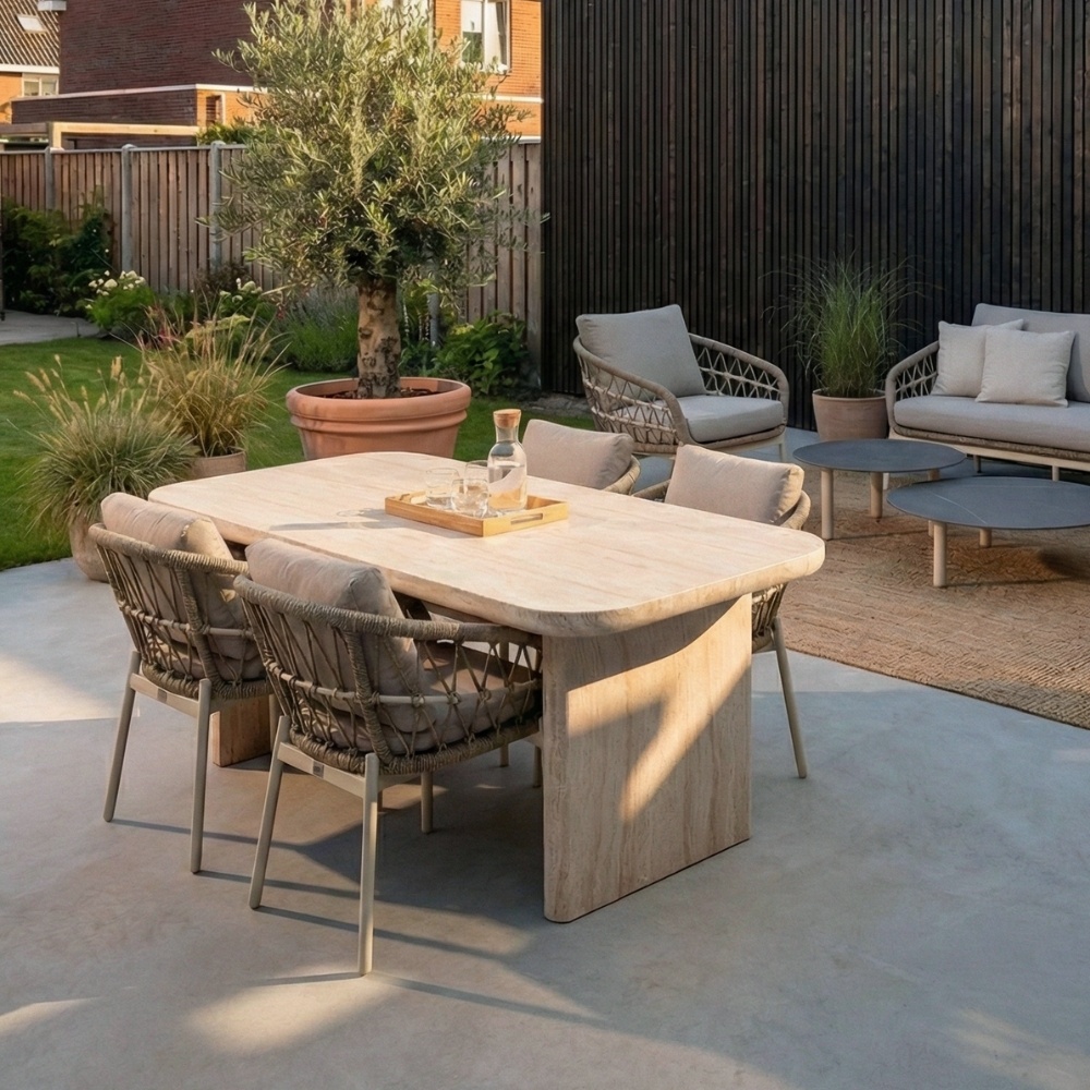 Mees/Dakota beige/wit dining tuinset | 4 personen | travertin + touw | 200cm