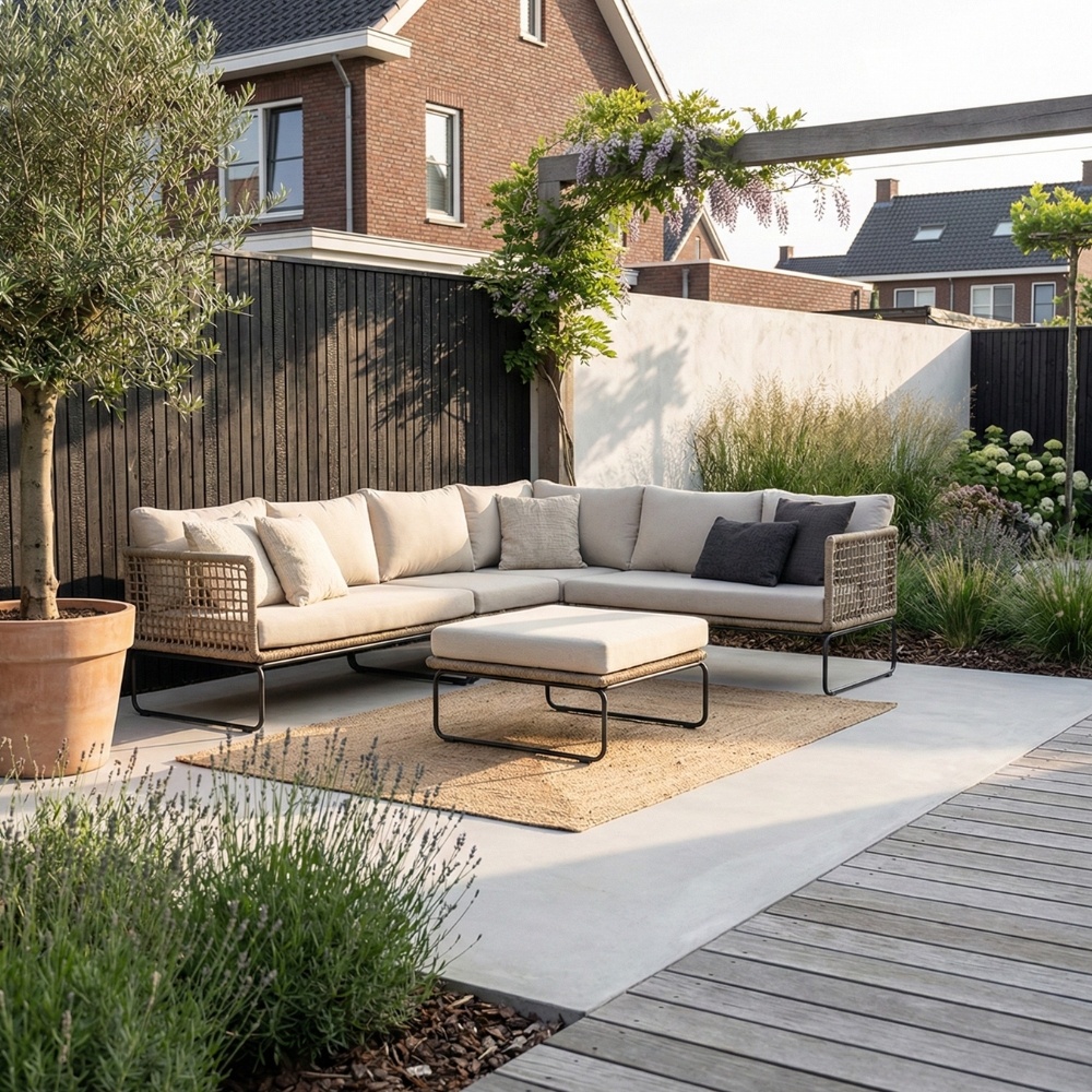 Tulum hoek loungeset met tussenmodule 6 personen | rvs + touw | Sahara Dust | 5-delig - 261x211cm