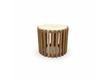 Nora bijzettafel | teak + sintered stone | Chalk beige | 46cm rond