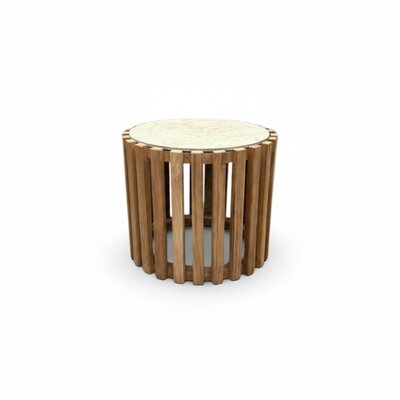 Nora bijzettafel | teak + sintered stone | Chalk beige | 46cm rond