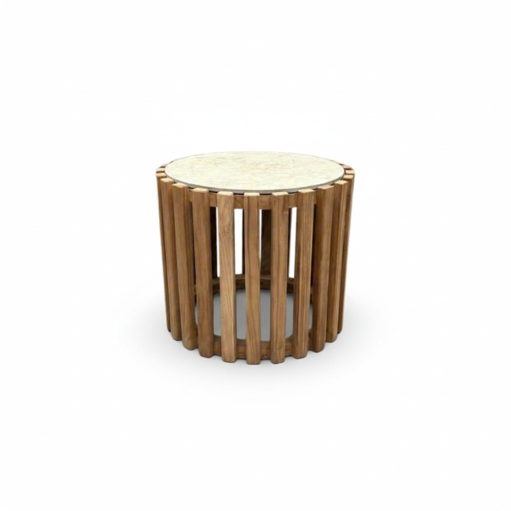 Nora bijzettafel | teak + sintered stone | Chalk beige | 46cm rond