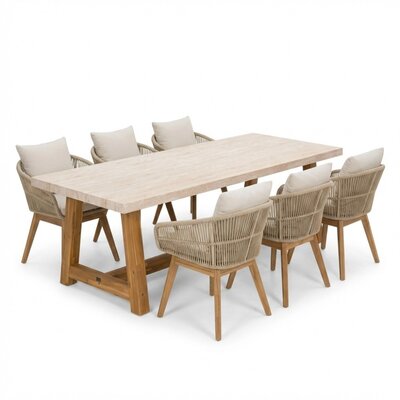 Velora/Bella zand dining tuinset | 6 personen | travertin + touw | 250cm