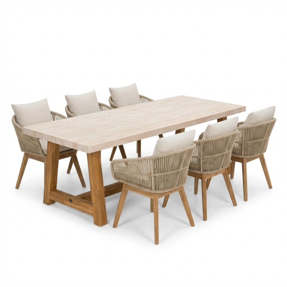 Velora/Bella zand dining tuinset | 6 personen | travertin + touw | 250cm