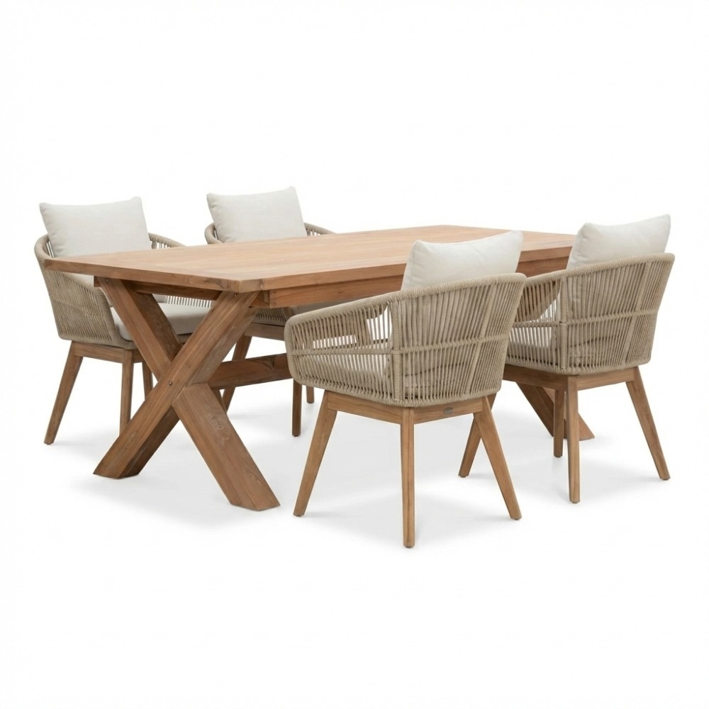 Riga/Bella zand dining tuinset | 4 personen | teakhout + touw | 200cm afbeelding