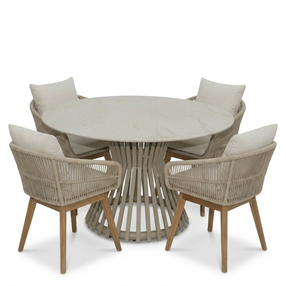 Pasadena/Bella zand dining tuinset | 4 personen | sintered stone + touw | 120cm