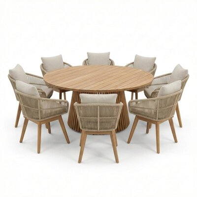Palau/Bella zand dining tuinset | 8 personen | teakhout + touw | 180cm rond
