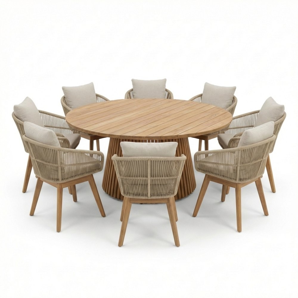 Palau/Bella zand dining tuinset | 8 personen | teakhout + touw | 180cm rond afbeelding