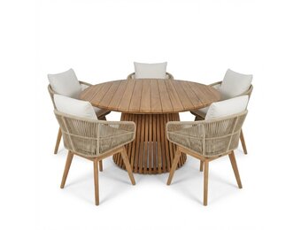 Palau/Bella zand dining tuinset | 5 personen | teakhout + touw | 140cm rond