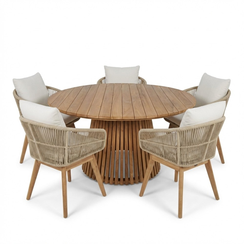 Palau/Bella zand dining tuinset | 5 personen | teakhout + touw | 140cm rond afbeelding