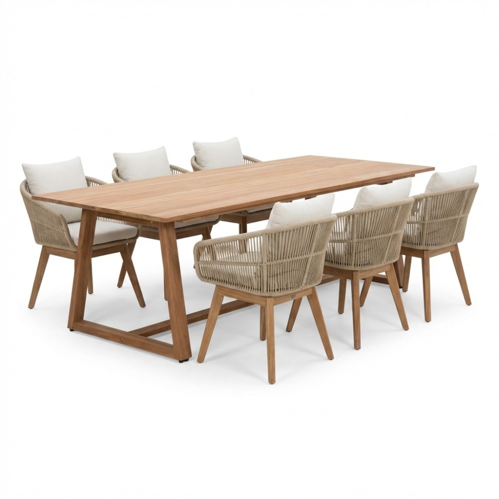 Gotenburg/Bella zand dining tuinset | 6 personen | teakhout + touw | 250cm