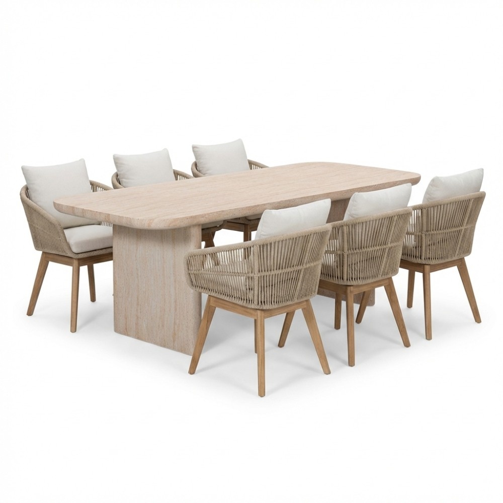 Mees/Bella zand dining tuinset | 6 personen | travertin + touw | 240cm afbeelding