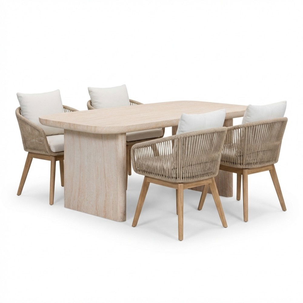 Mees/Bella zand dining tuinset | 4 personen | travertin + touw | 200cm afbeelding