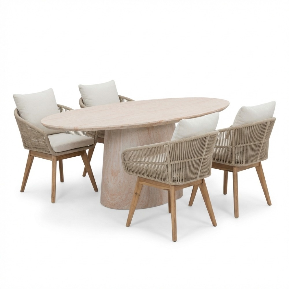 Max/Bella zand dining tuinset | 4 personen | travertin + touw | 200cm ovaal