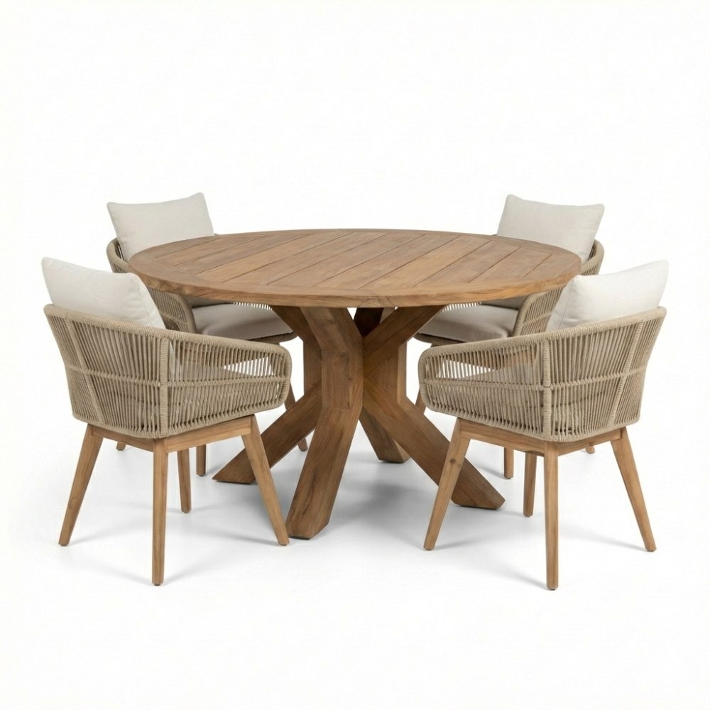 Genua/Bella zand dining tuinset | 4 personen | teakhout + touw | 120cm rond afbeelding
