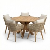 Genua/Bella zand dining tuinset | 5 personen | teakhout + touw | 140cm rond