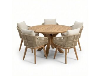 Genua/Bella zand dining tuinset | 5 personen | teakhout + touw | 140cm rond